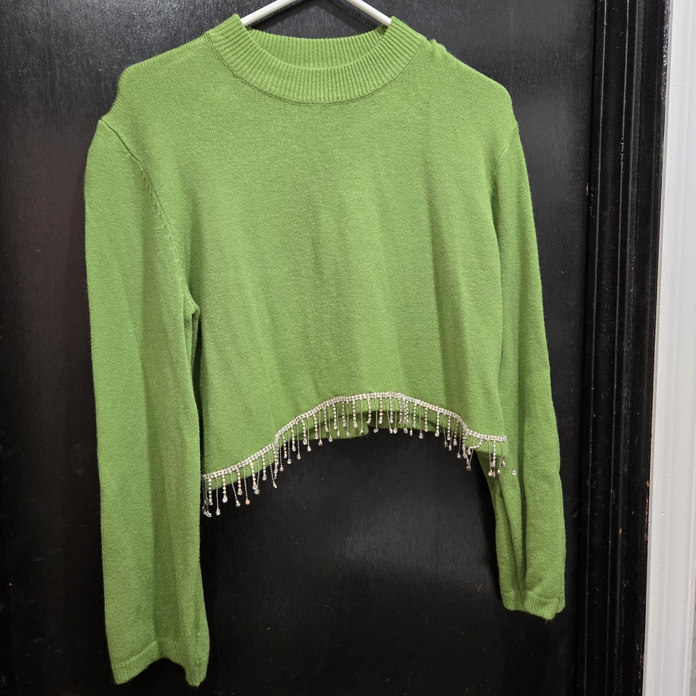 Green Beaded Hem Women's Crop Sweater